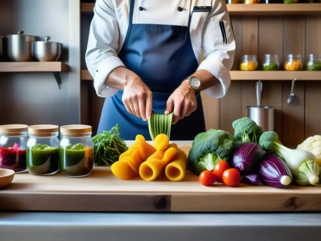 Un chef francés prepara conservas fermentadas con maestría en una cocina rústica