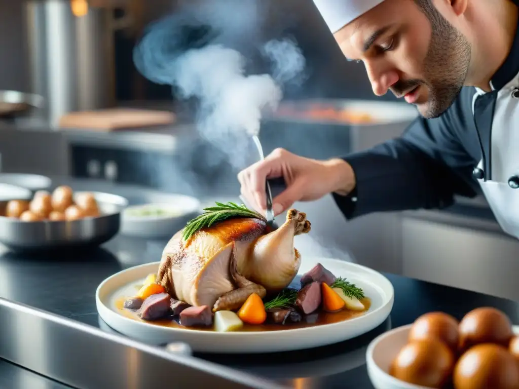 Un chef francés prepara con maestría un Coq au Vin mediante cocción baja temperatura gastronomía francesa