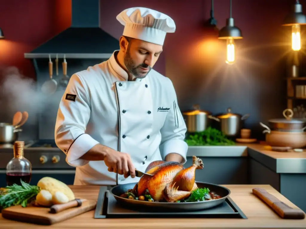 Un chef preparando Coq au Vin en cocina francesa gourmet, en un ambiente tradicional y detallado