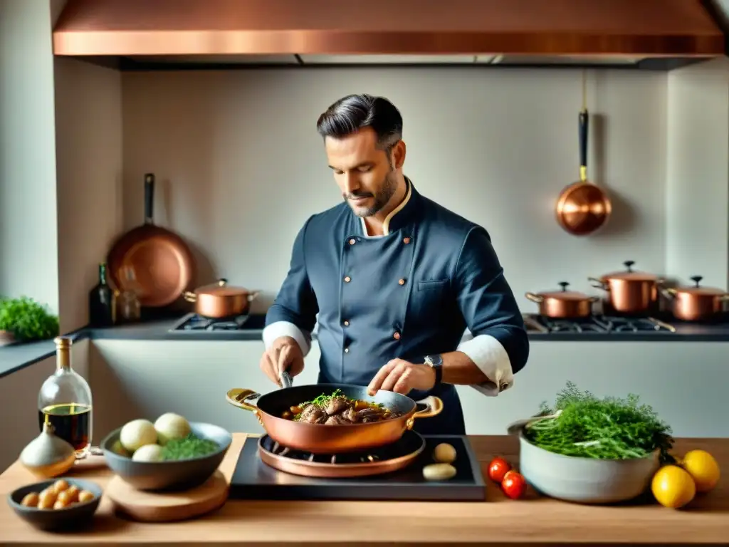 Chef francés preparando Coq au Vin en cocina rústica con utensilios de cobre y hierbas frescas