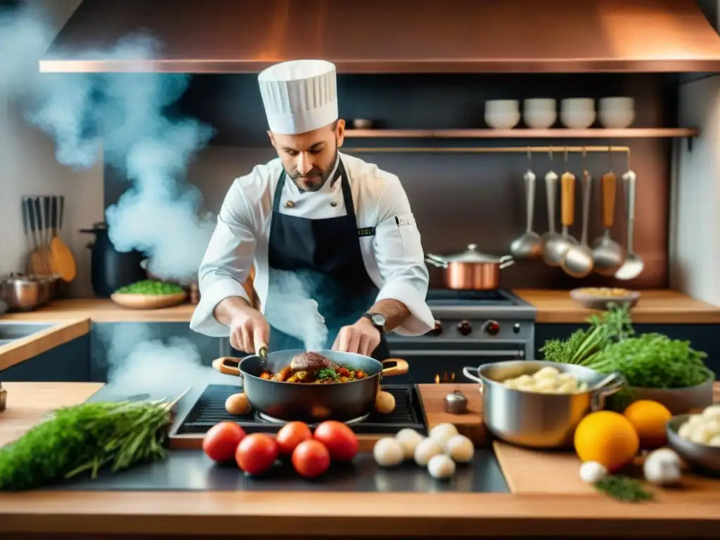 Chef francés preparando Coq au Vin en cocina parisina