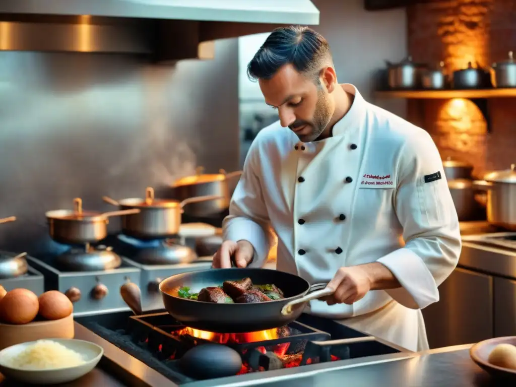 Chef francés preparando Coq au Vin en cocina tradicional