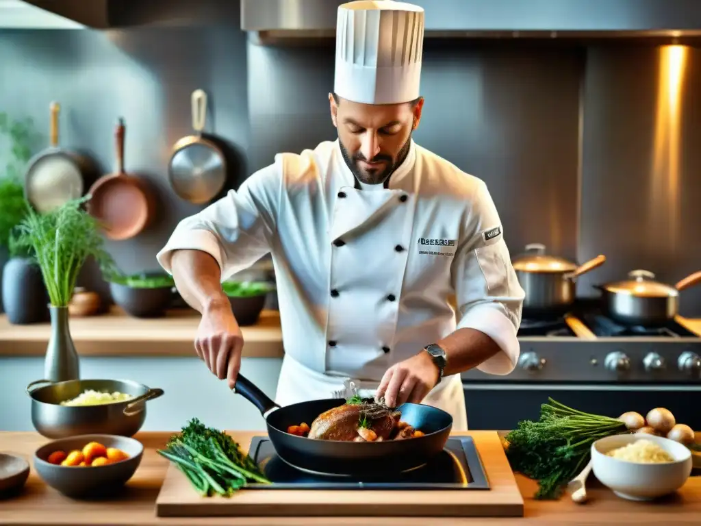 Chef francés preparando Coq au Vin en cocina tradicional, destacando cursos de cocina francesa tradicional