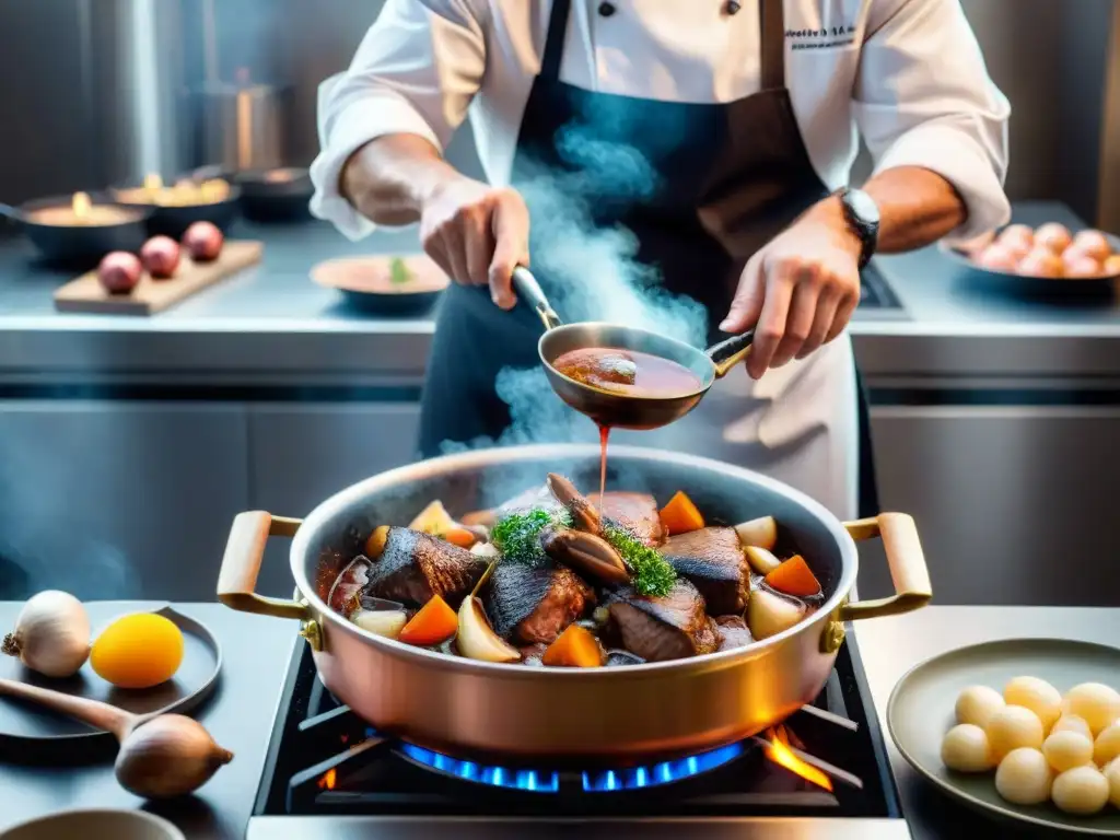 Chef francés preparando Coq au Vin en cocina profesional con ingredientes tradicionales