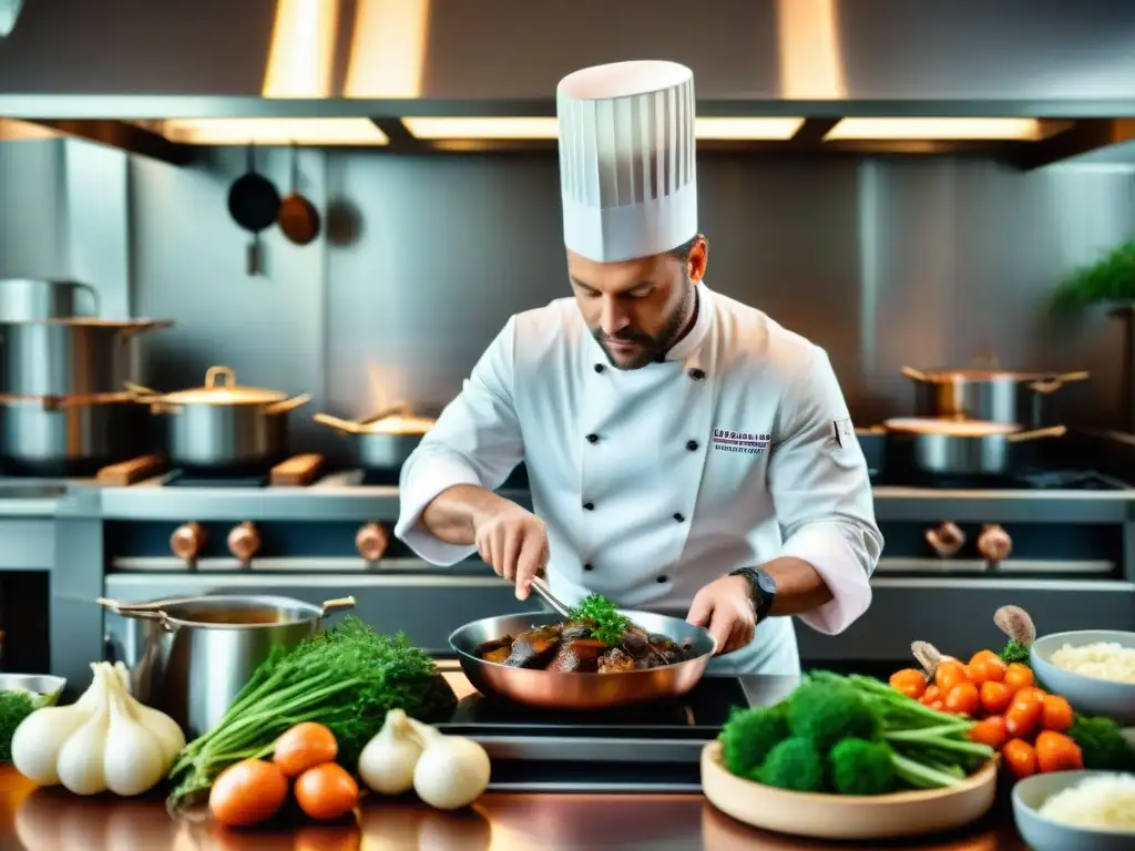 Chef francés preparando Coq au Vin en cocina estrellada