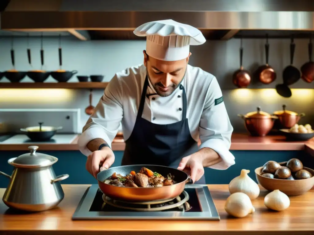 Chef francés preparando Coq au Vin en cocina parisina