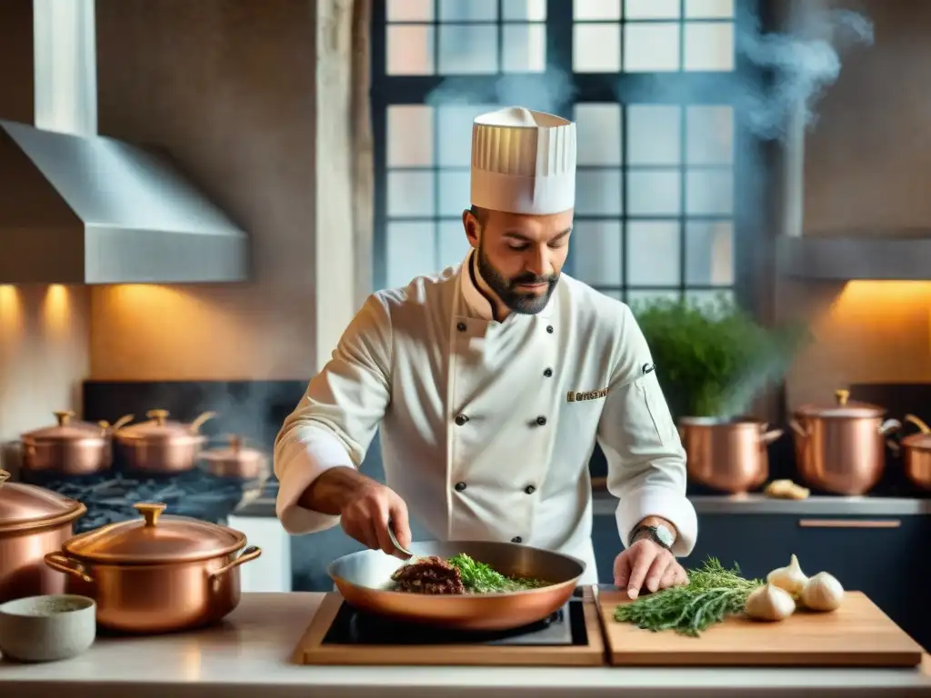 Chef francés añade laurel a Coq au Vin en cocina parisina, fusionando tradición y modernidad