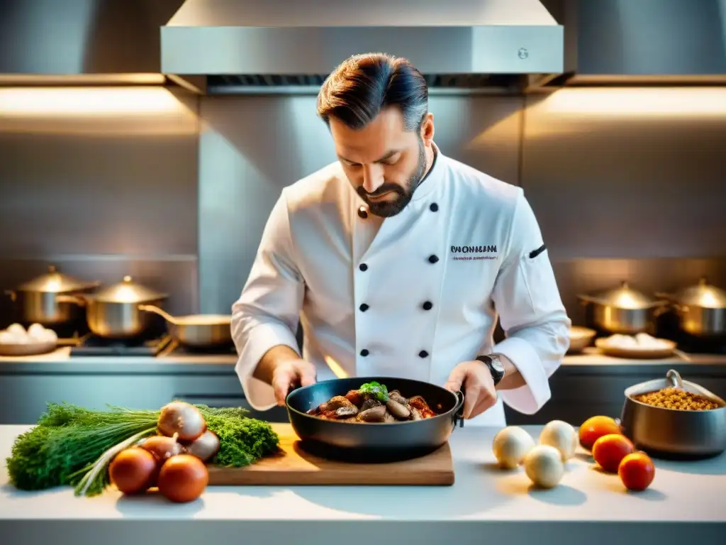 Un chef francés prepara coq au vin en cocina moderna