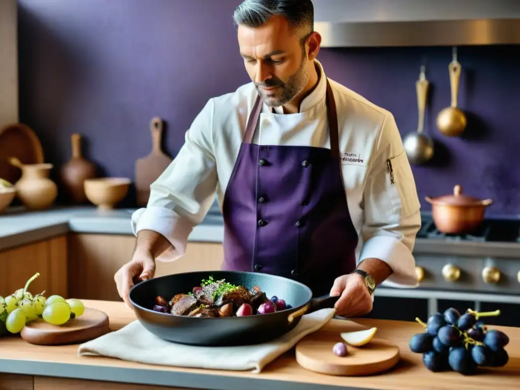 Un chef francés prepara Coq au Vin en cocina rústica francesa