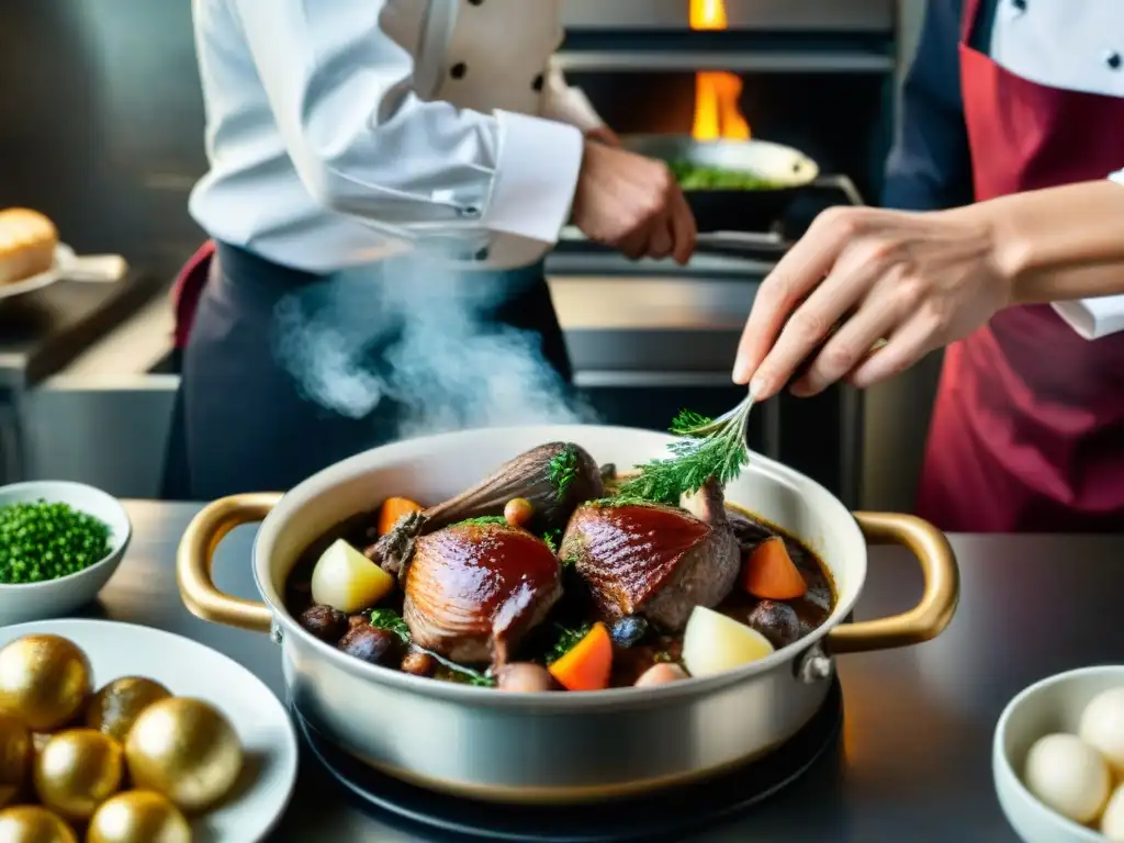 Chef francés preparando Coq au Vin en cocina parisina, mostrando la esencia de la gastronomía francesa recetas tradicionales