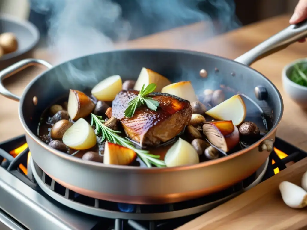 Chef francés preparando Coq au Vin en cocina rústica, reflejando la esencia de la gastronomía francesa recetas tradicionales