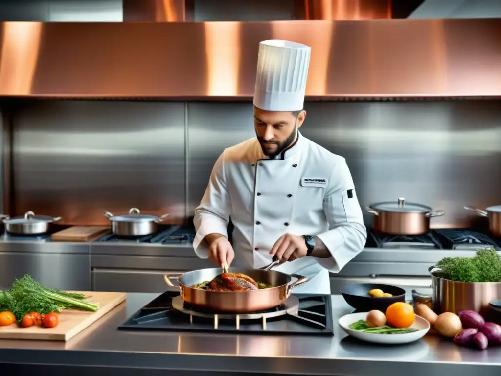 Un chef francés prepara Coq au Vin en cocina estrella Michelin, fusionando tradición e innovación culinaria en Francia