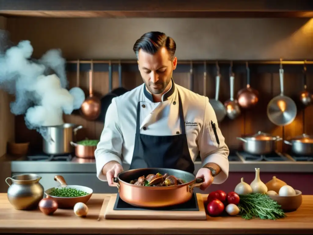 Un chef francés prepara Coq au Vin en cocina rústica con ingredientes frescos y libros vintage, evocando la gastronomía francesa