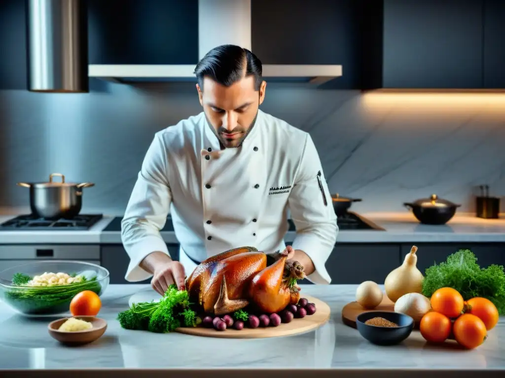 Un chef francés prepara Coq au Vin en cocina innovadora, fusionando técnicas tradicionales y estética contemporánea