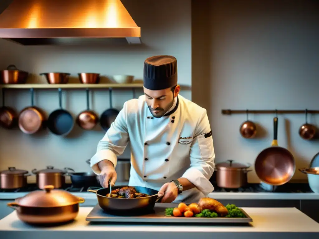 Chef francés preparando Coq au Vin en cocina parisina: recetas tradicionales gastronomía francesa