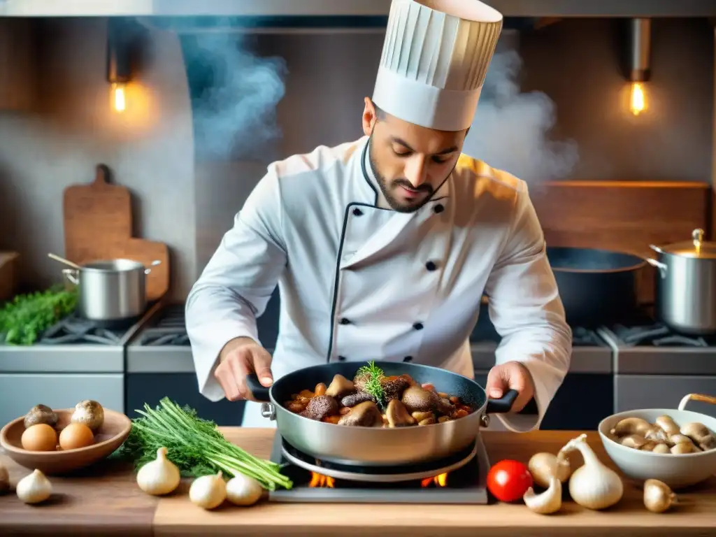 Un chef francés prepara Coq au Vin en cocina rústica, destacando la gastronomía francesa tradicional innovadora