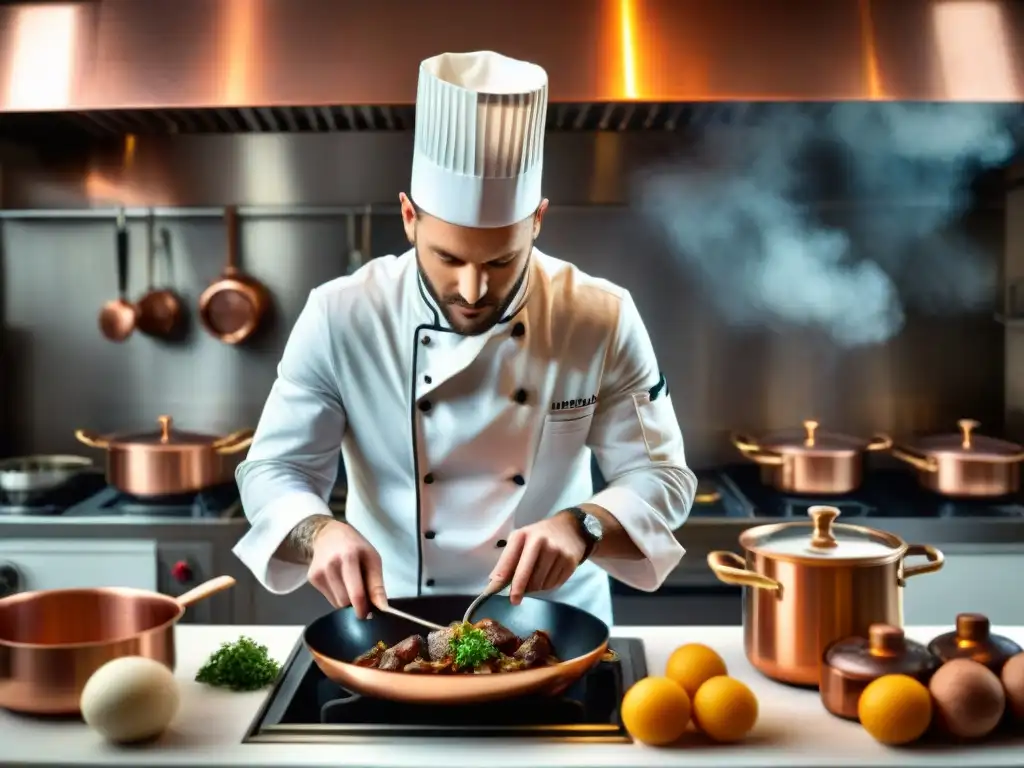 Chef francés preparando Coq au Vin en cocina parisina con utensilios de cobre