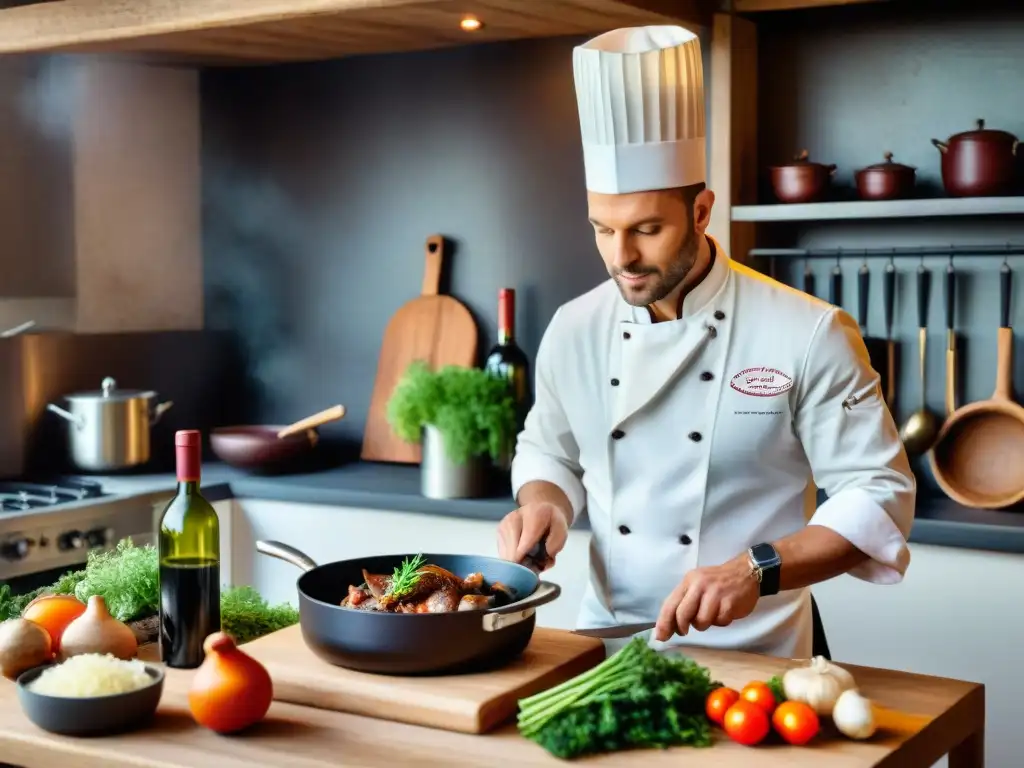 Chef francés prepara Coq au Vin en cocina rústica francesa