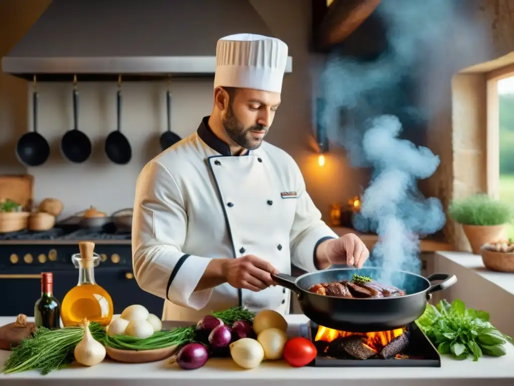 Un chef preparando Coq au Vin en cocina francesa rural