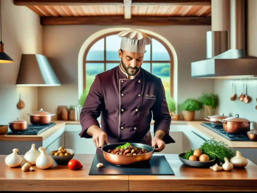 Un chef preparando Coq au Vin en cocina francesa: una escena tradicional y elegante que destaca la tecnología culinaria