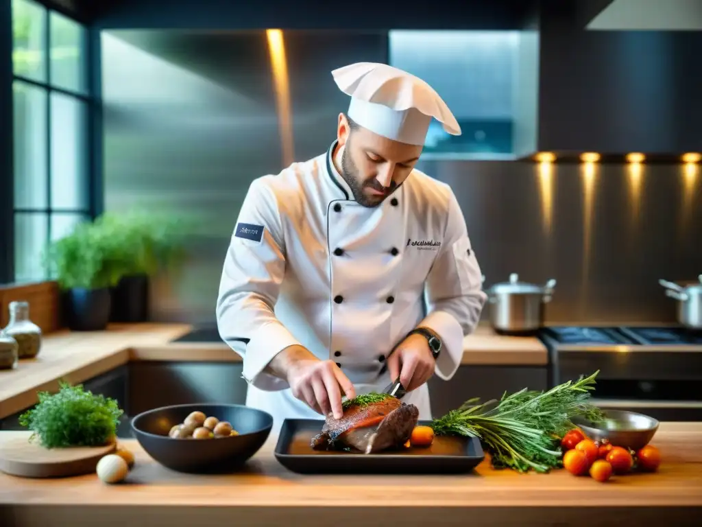 Un chef francés prepara un Coq au Vin con cocina al vacío en una cocina moderna