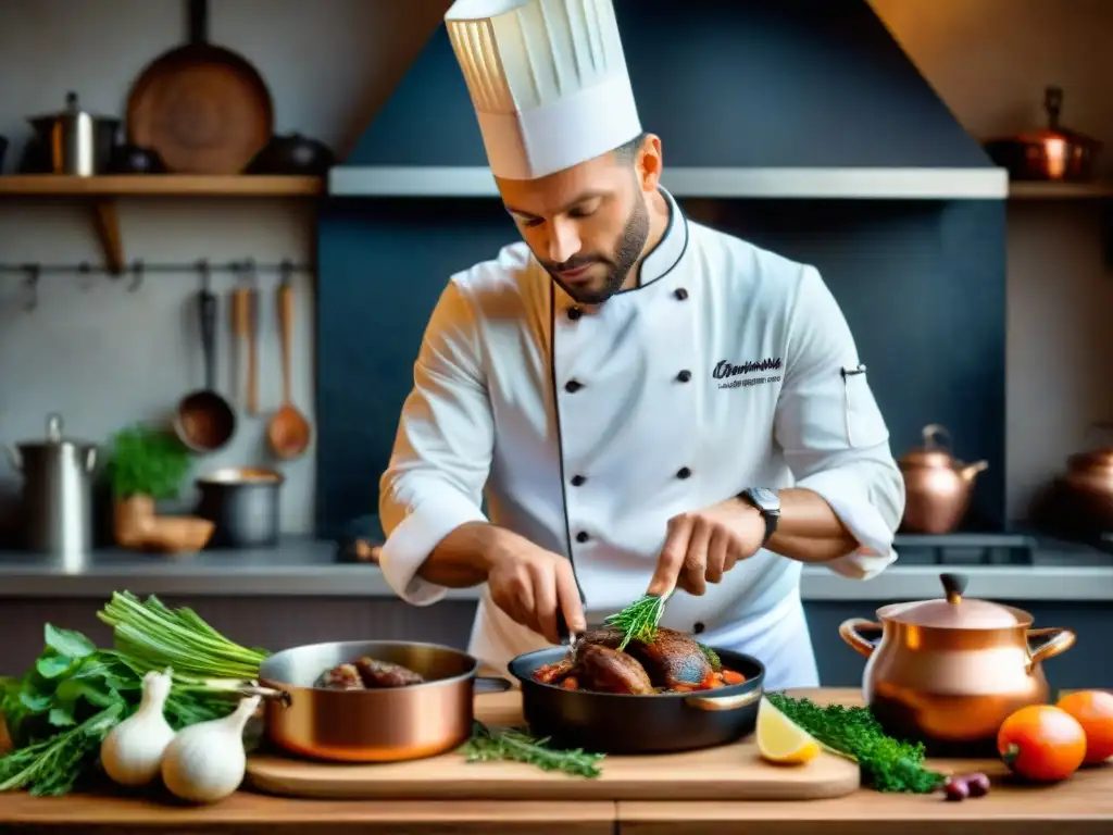 Chef francés preparando Coq au Vin en cocina tradicional, resaltando la habilidad