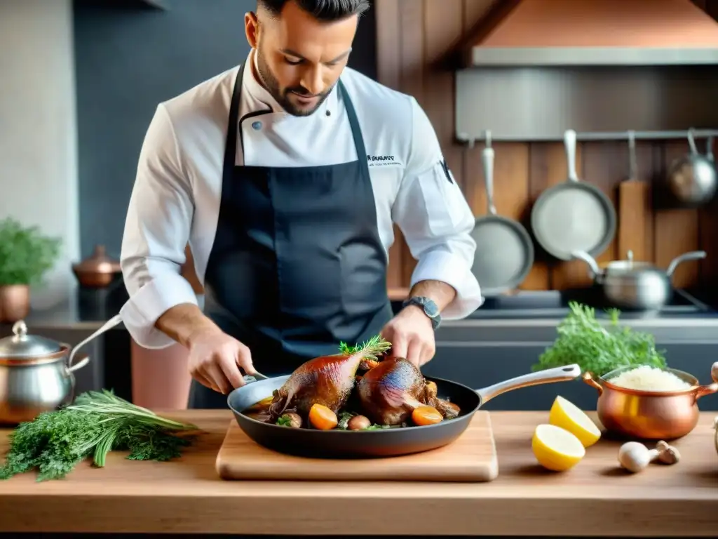 Un chef francés prepara un Coq au Vin en cocina tradicional