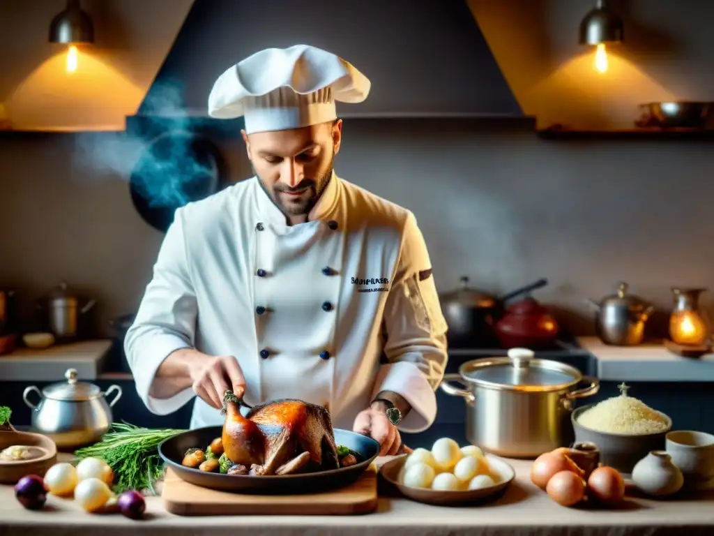 Chef francés preparando Coq au Vin en cocina rústica con utensilios tradicionales