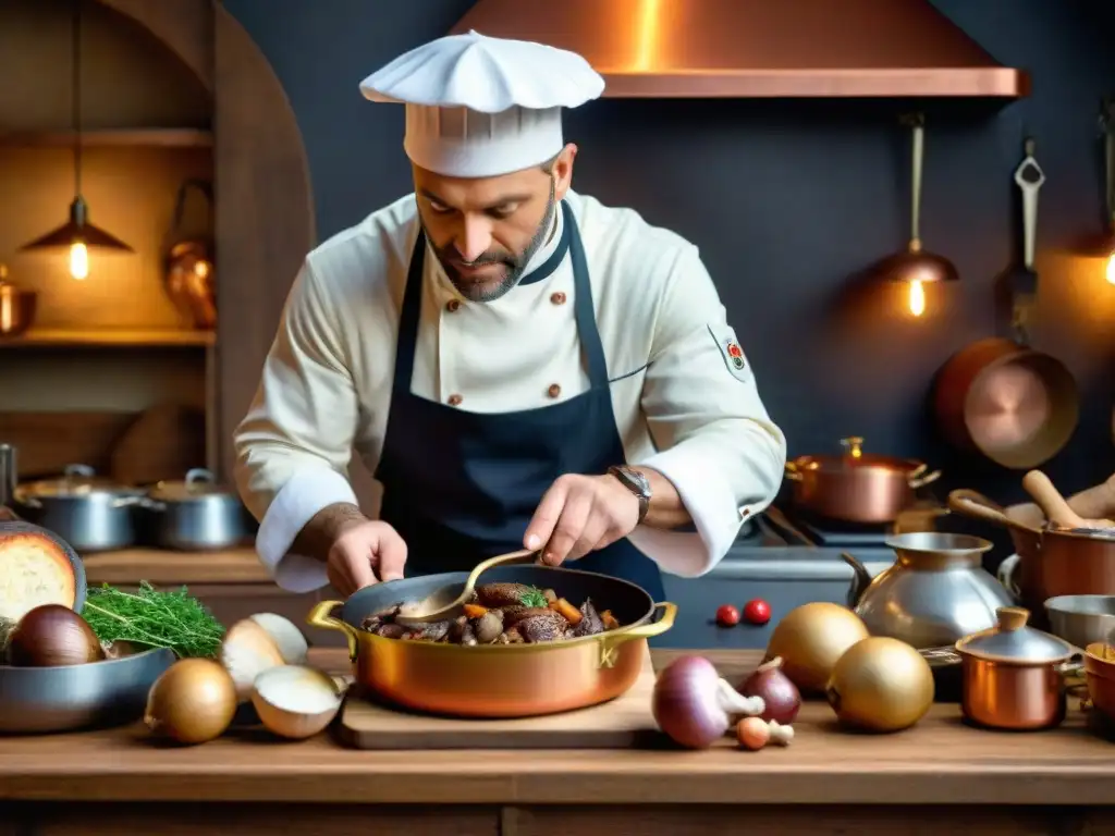 Un chef francés prepara Coq au Vin en cocina rústica con utensilios de cobre