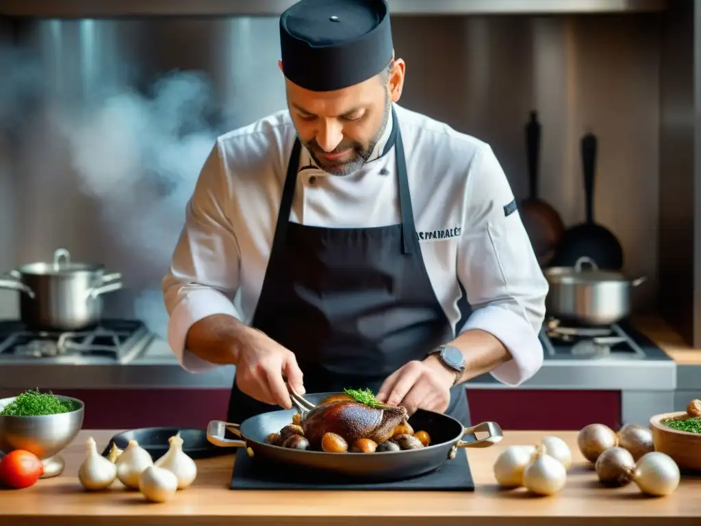 Chef francés preparando Coq au Vin en cocina moderna para los mejores cursos gastronomía francesa online