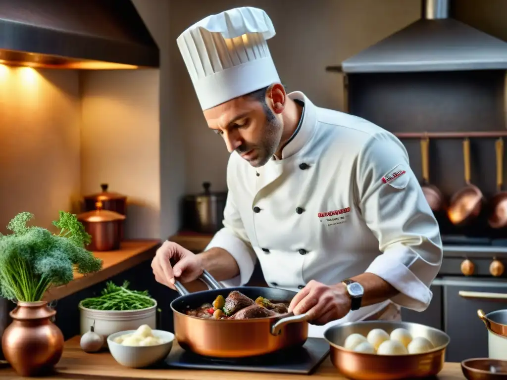 Un chef francés prepara Coq au Vin en cocina tradicional