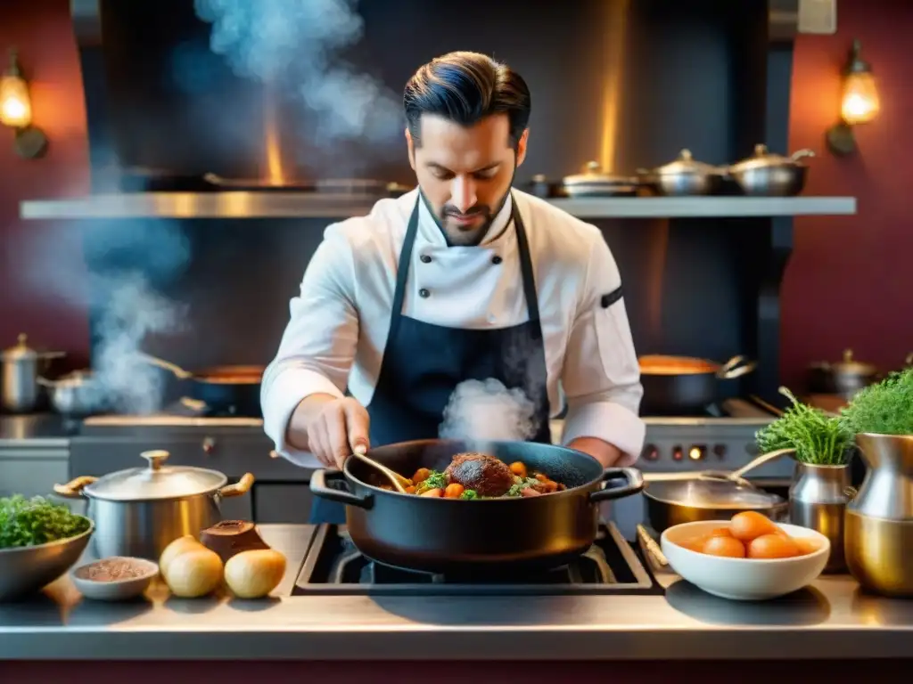 Chef preparando Coq au Vin en cocina francesa rústica