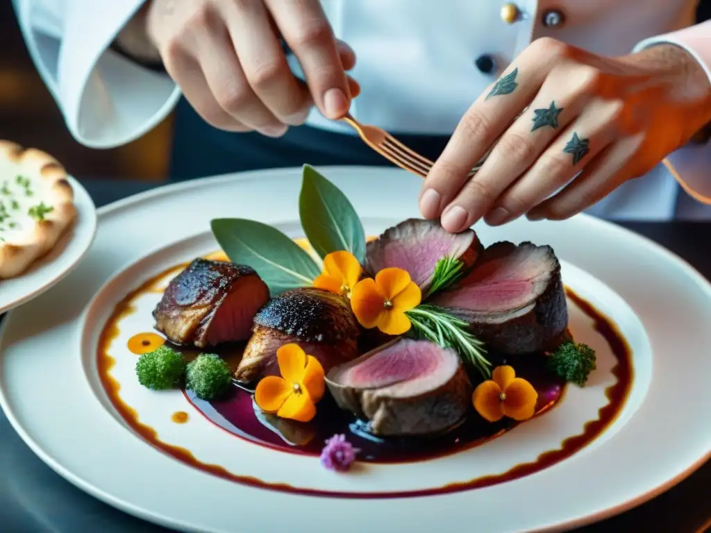 Chef francés presenta Coq au Vin con flores comestibles detalladas