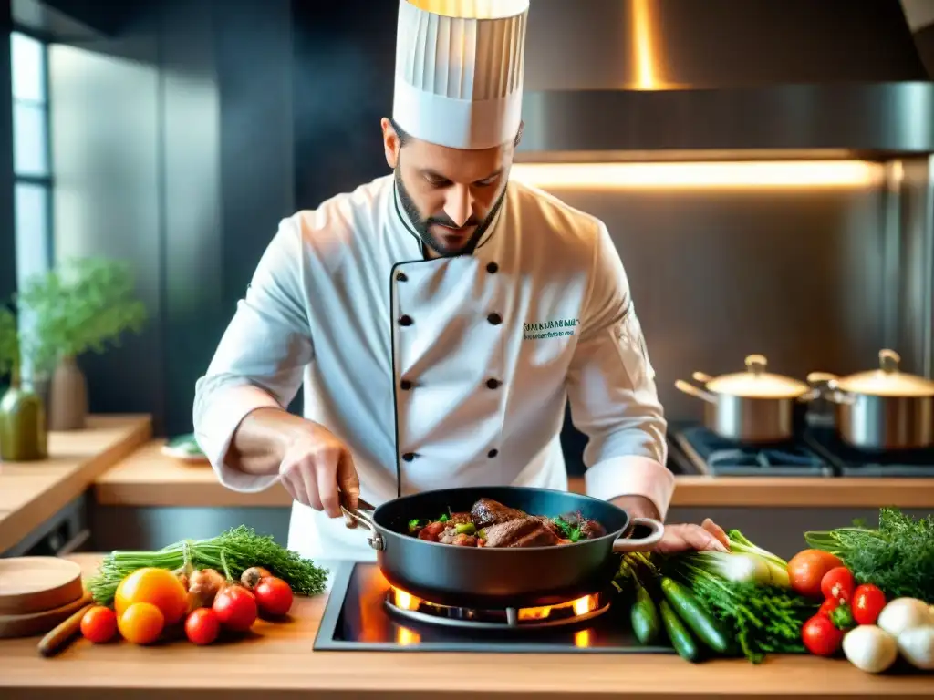 Un chef francés prepara Coq au Vin con técnicas de cocina francesa avanzadas