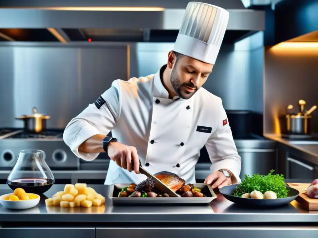 Chef francés preparando Coq au Vin con técnicas al vacío en cocina moderna de acero inoxidable