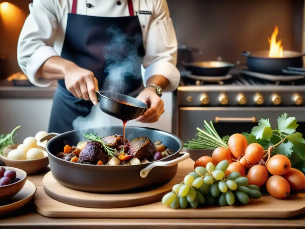 Chef francés preparando Coq au Vin con uvas en cocina rústica