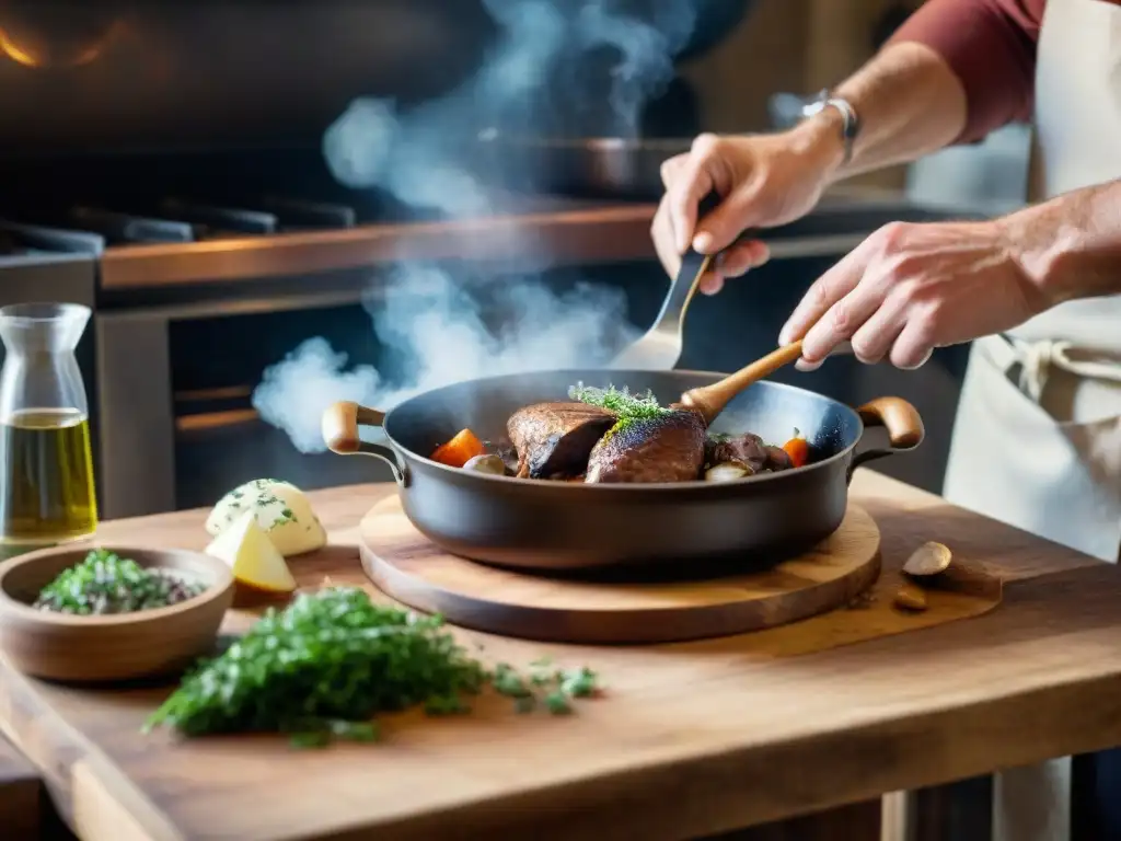 Un chef francés prepara cuidadosamente Coq au Vin en una cocina rústica