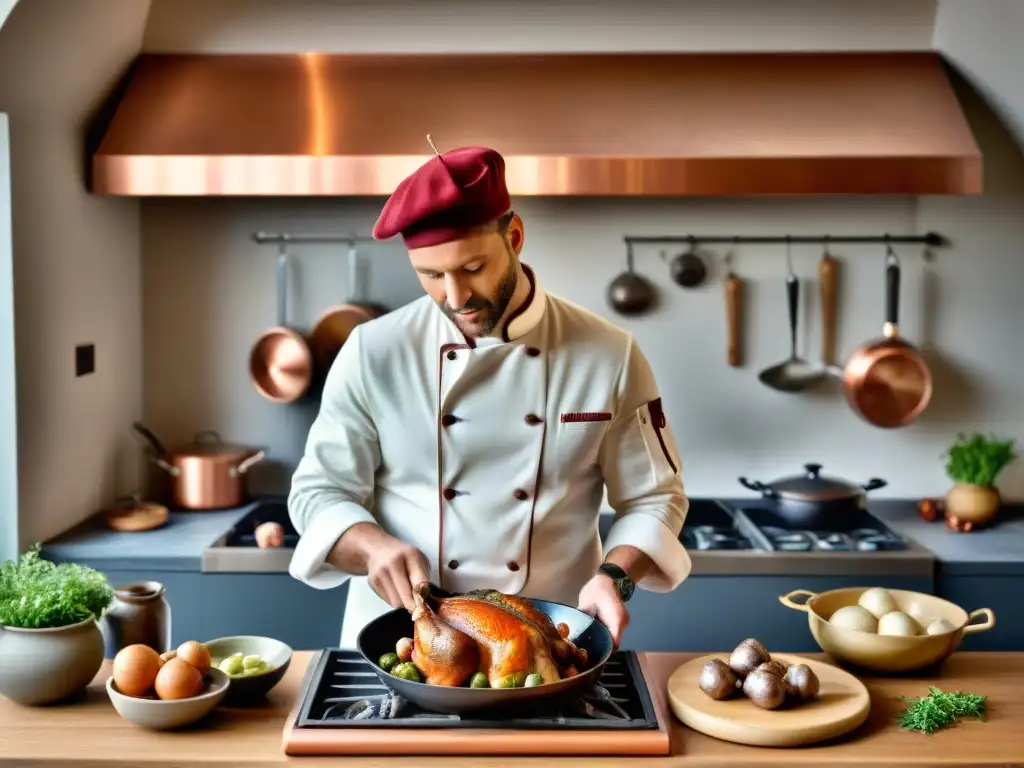 Un chef francés prepara Coq au Vin en una cocina tradicional, mostrando la influencia cocina francesa platos internacionales