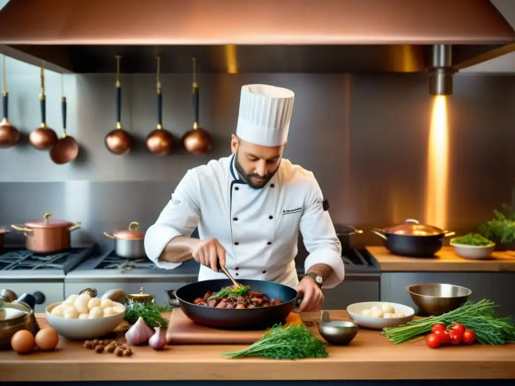 Un chef francés prepara Coq au Vin en una cocina tradicional