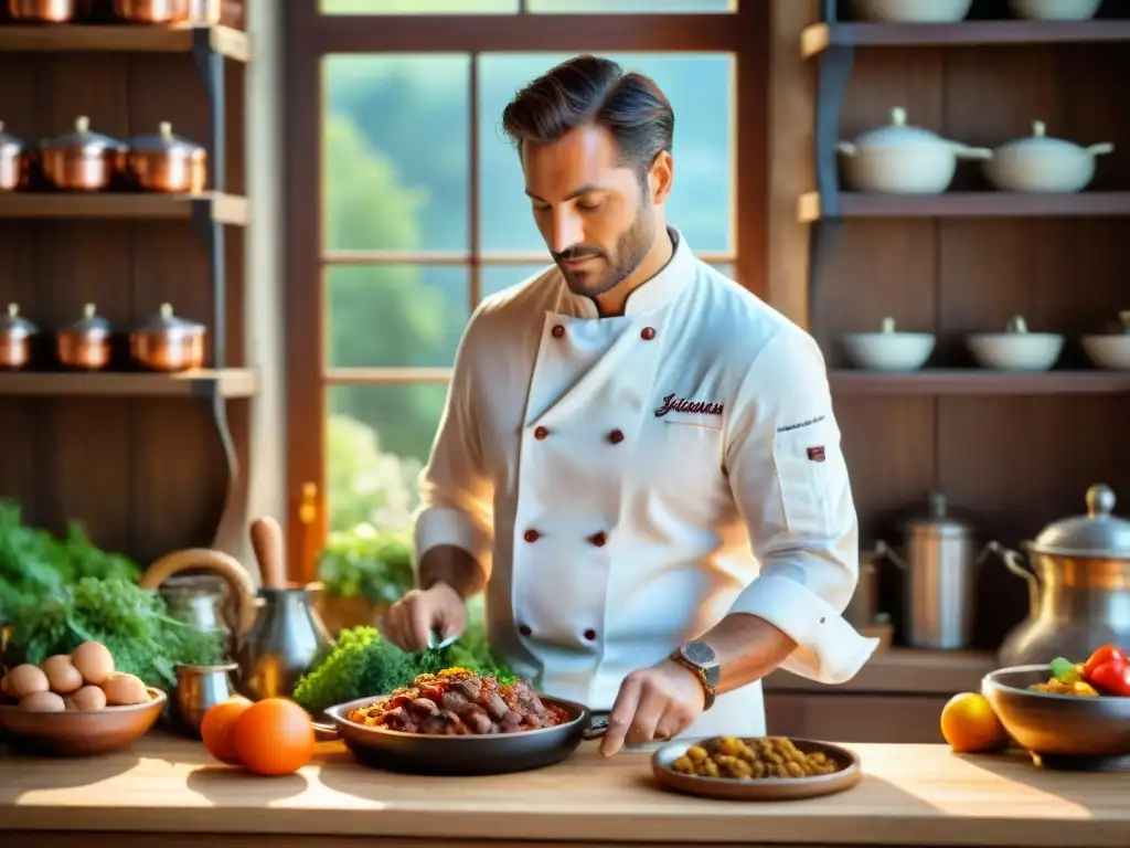 Un chef preparando Coq au Vin en una cocina francesa: ¡vibrante arte culinario francés! Mejores cursos cocina francesa