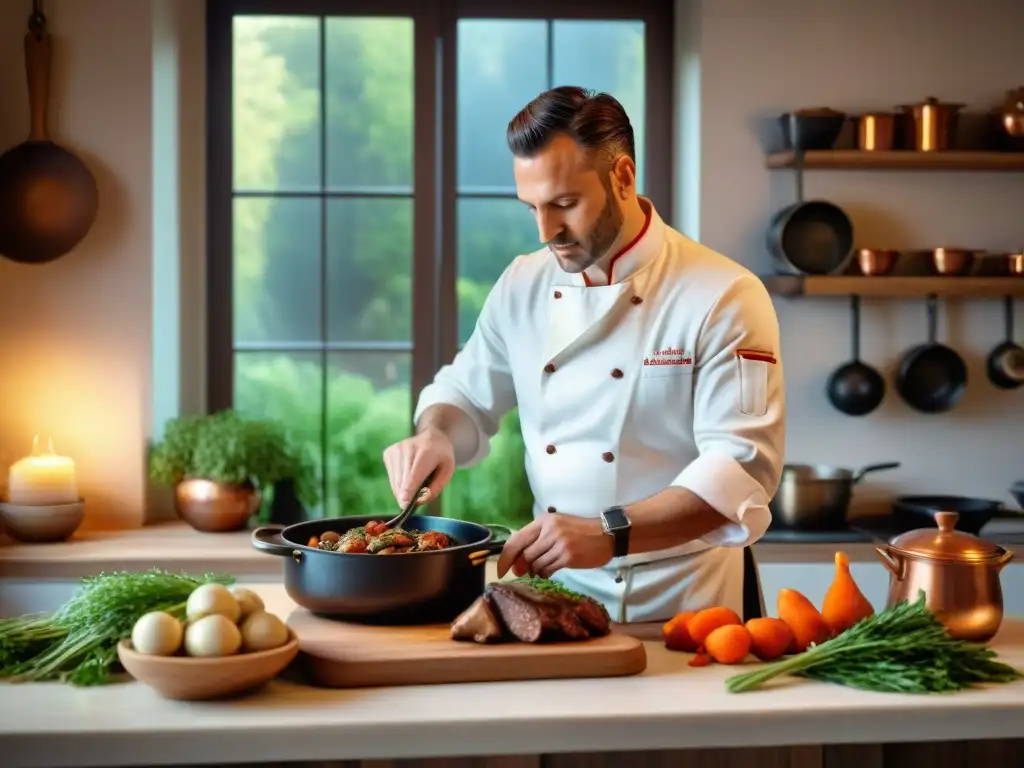 Un chef francés prepara Coq au Vin en cocina rústica