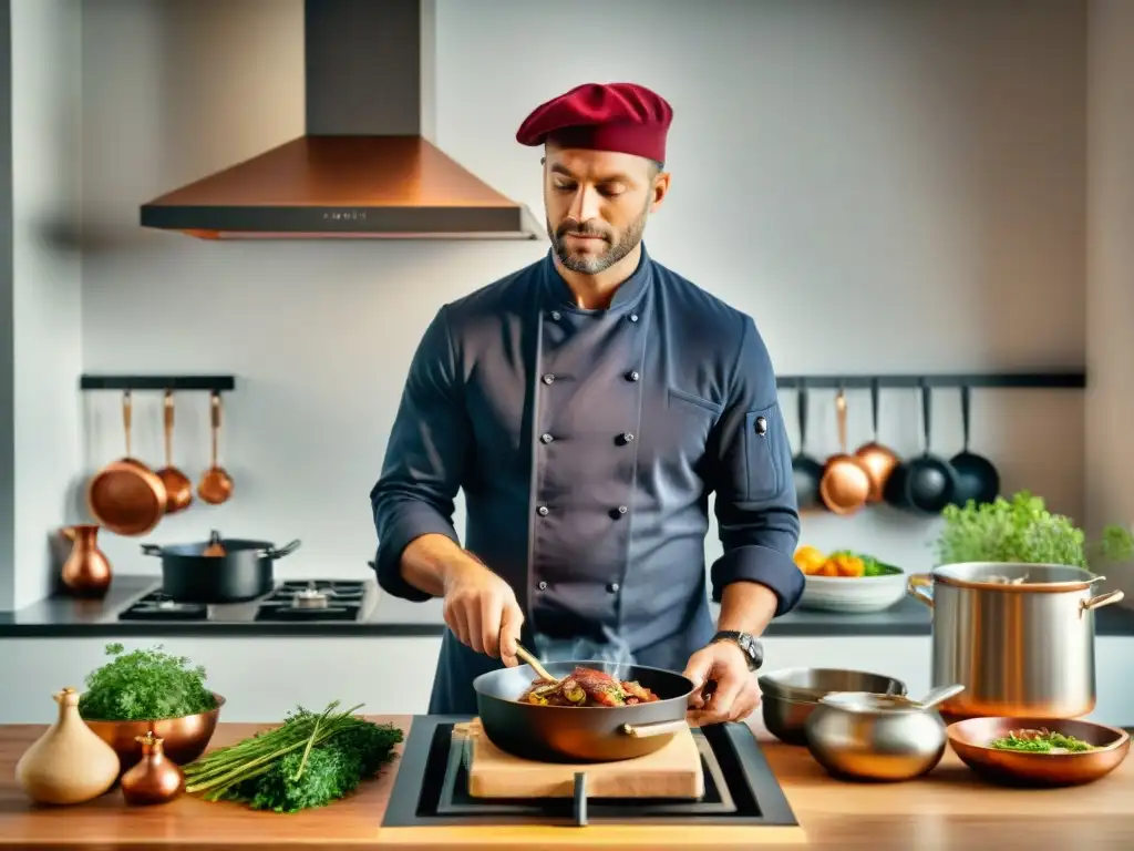 Un chef francés prepara Coq au Vin en una cocina tradicional, rodeado de utensilios de cobre y hierbas frescas