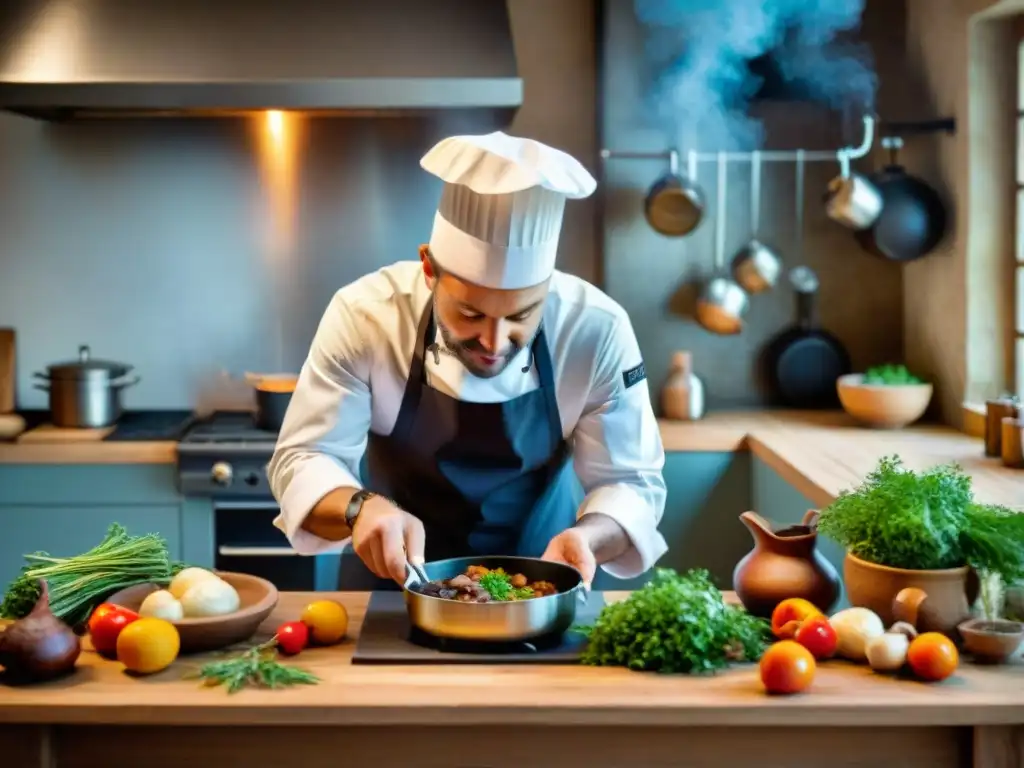 Un chef francés prepara Coq au Vin en una cocina rústica del campo francés