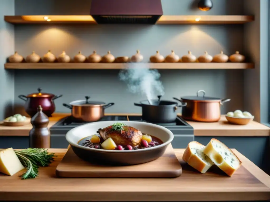 Chef francés prepara coq au vin en cocina rústica bañada por luz natural