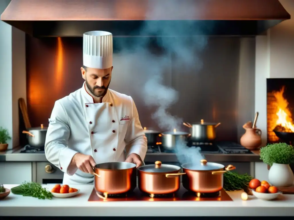 Chef francés preparando un Coq au Vin en una cocina tradicional