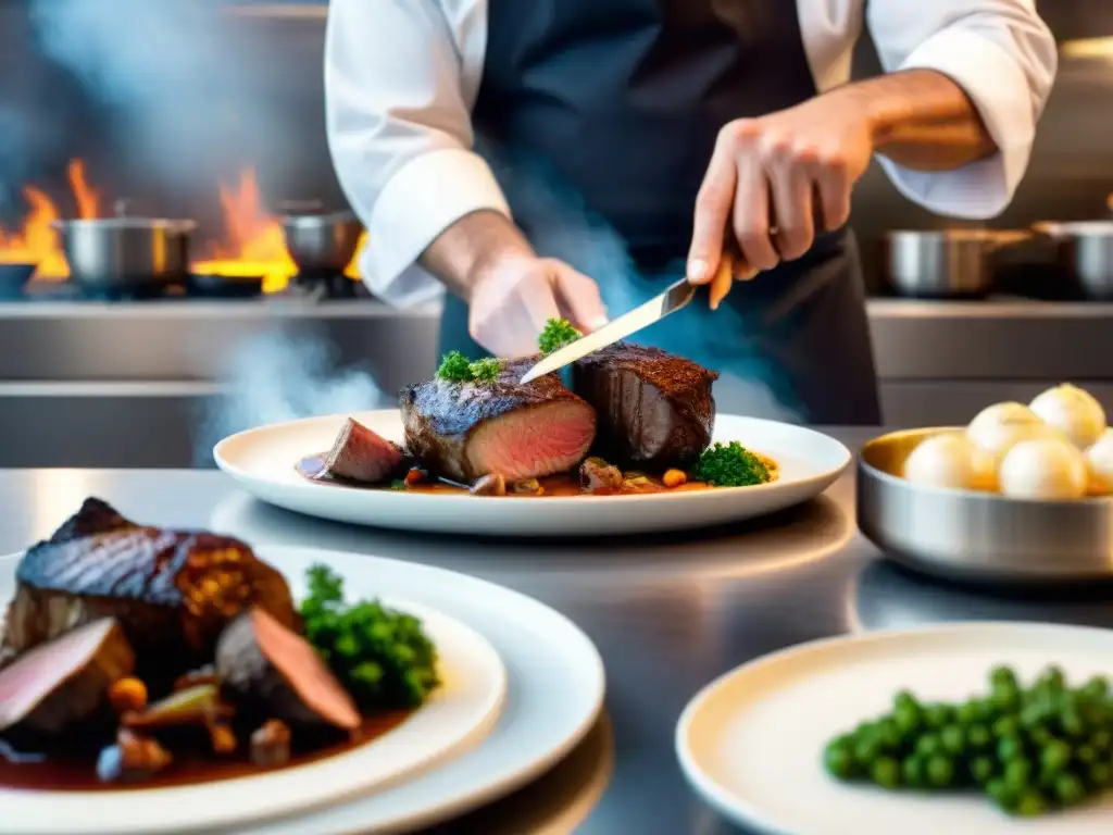 Un chef francés corta expertamente un Coq au Vin, representando los mejores cursos de gastronomía francesa online