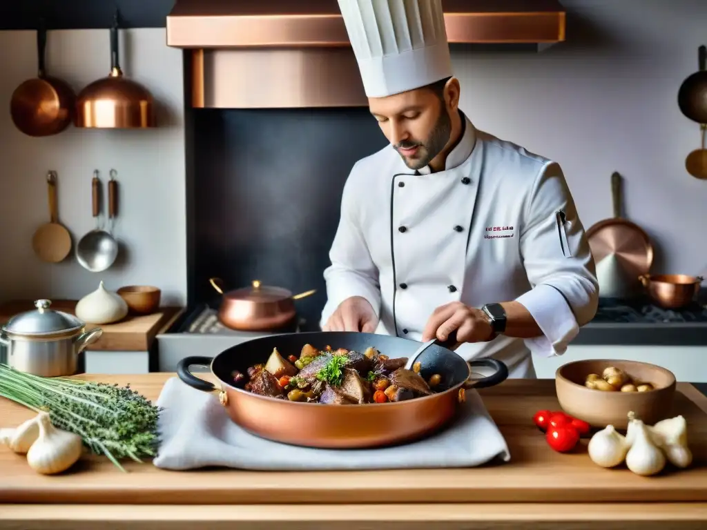 Un chef francés prepara Coq au Vin en una cocina rústica