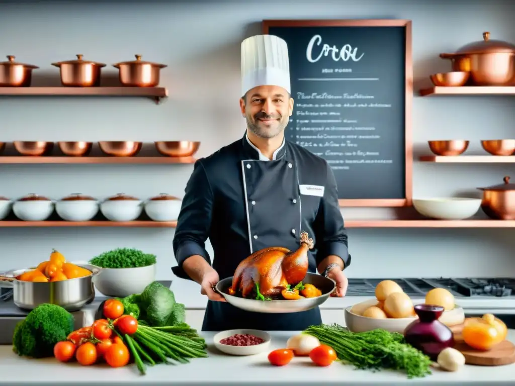 Un chef francés prepara Coq au Vin en una cocina moderna de curso de cocina francesa online