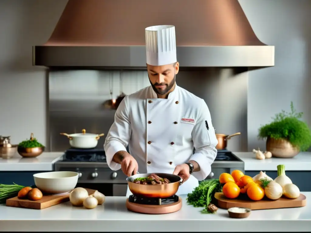 Un chef francés prepara Coq au Vin en una cocina moderna y sofisticada