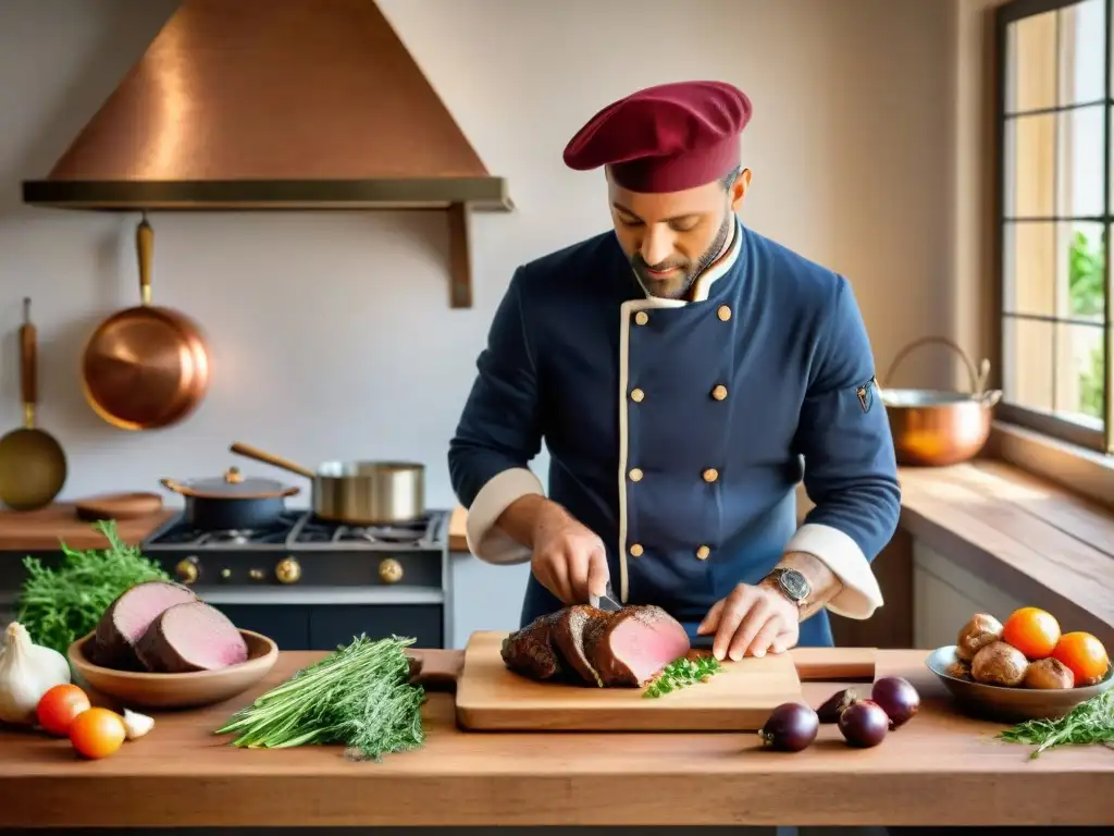 Un chef francés prepara un Coq au Vin en una cocina rústica